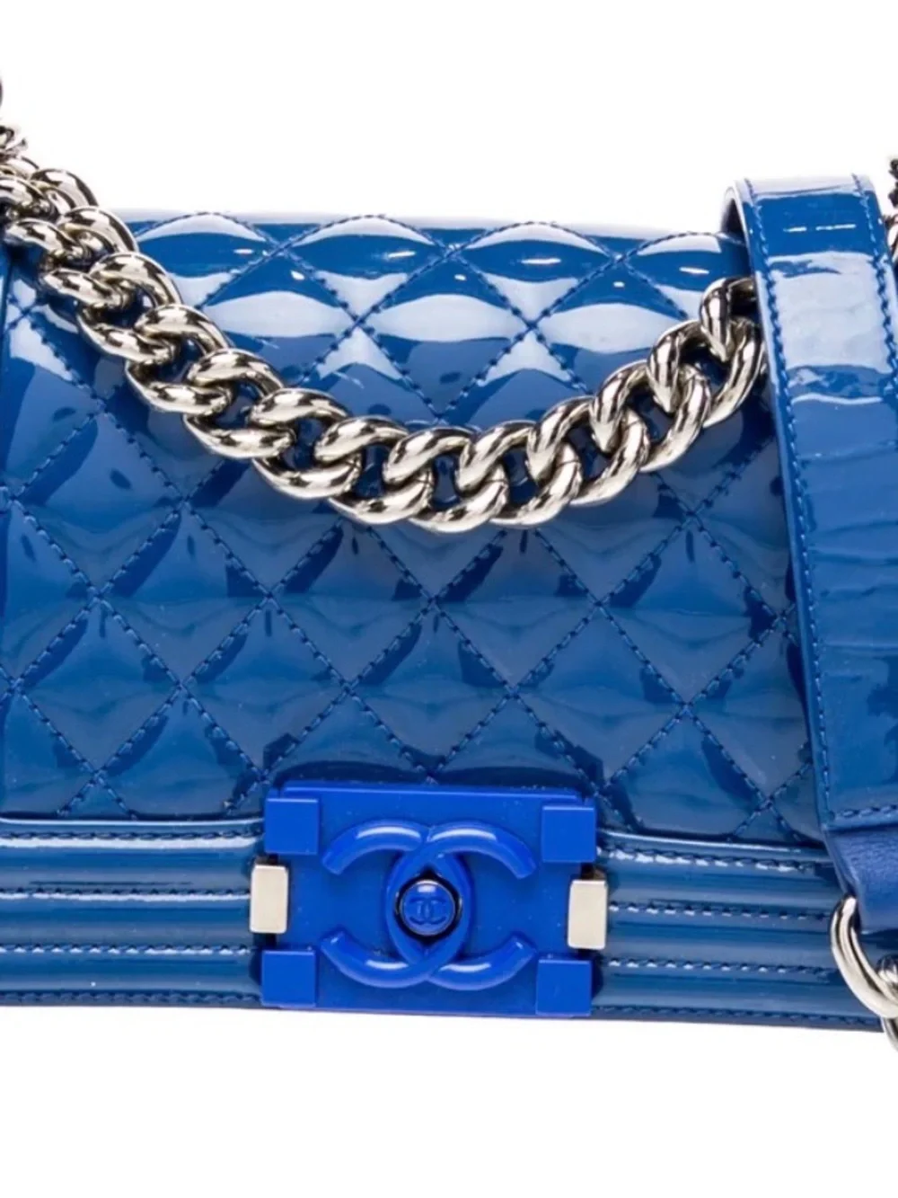 CHANEL 2022 Glossy Patent Quilted Blue Shoulder Bag with Silver Chain